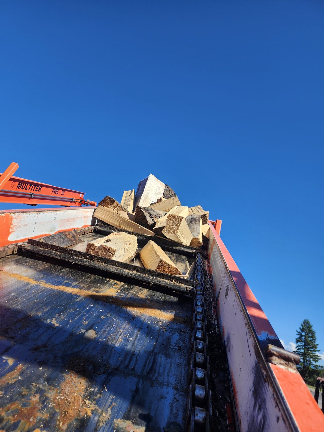 Freshly split firewood riding up the processor's conveyor against a blue sky